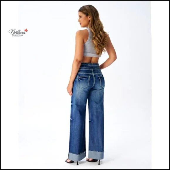 High Waisted Stretchy Wide Leg Jeans, Cuffed Baggy Denim Pants, 29.92 Inseam - Picture 5 of 7